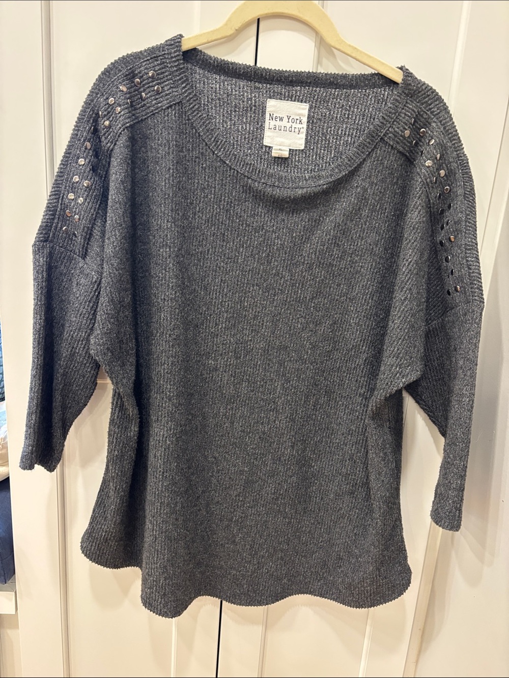 New York Laundry Charcoal Gray Scoop Neck Stud-Shoulder Knit Sweater